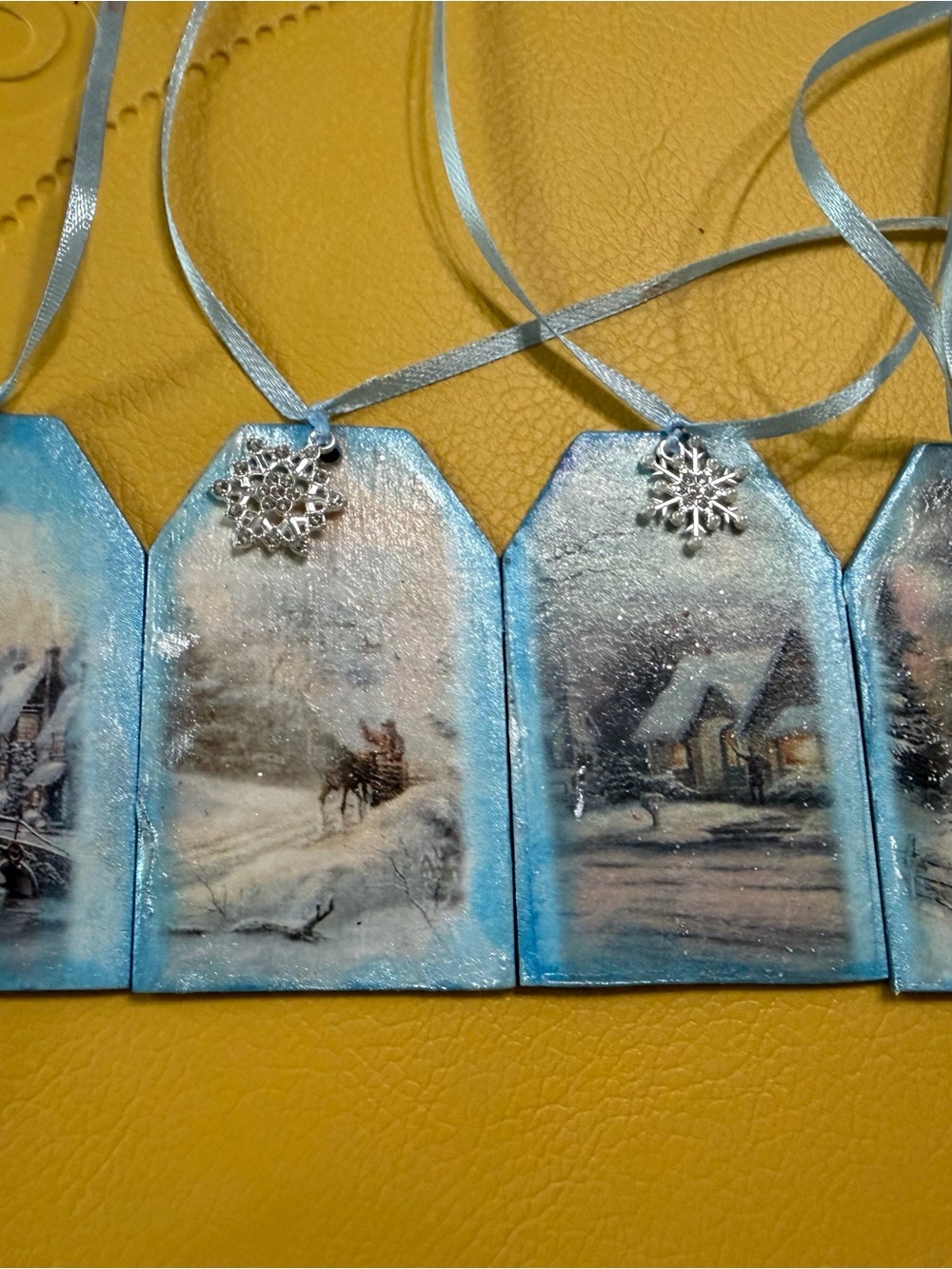 Blue Winter Scene Holiday Ornament Gift Tags with Silver Snowflake Charms